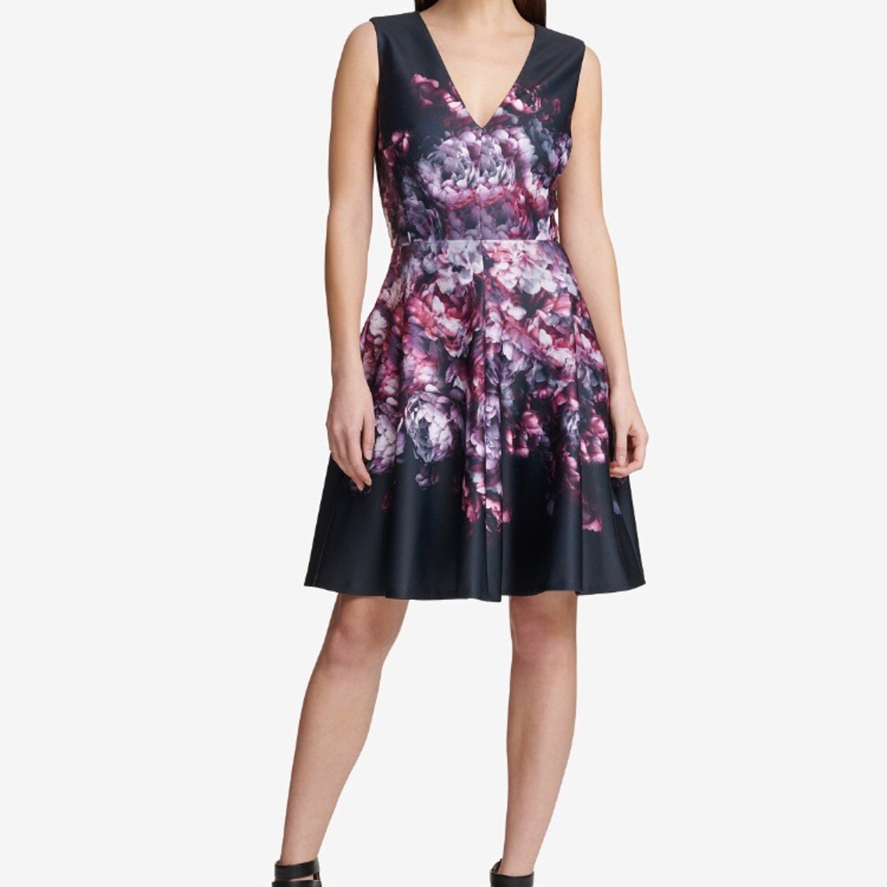 DKNY fit n flare scuba dress in an ombré floral